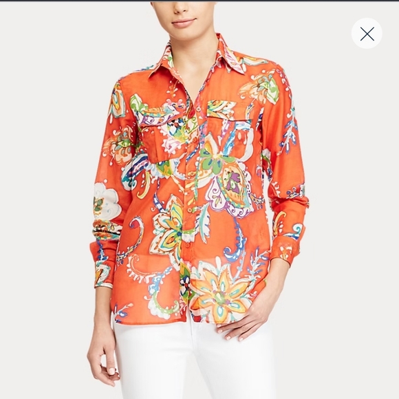 Lauren Ralph Lauren Tops - LRL Orange Multicolored Watercolor Cotton Silk Button Down Shirt M